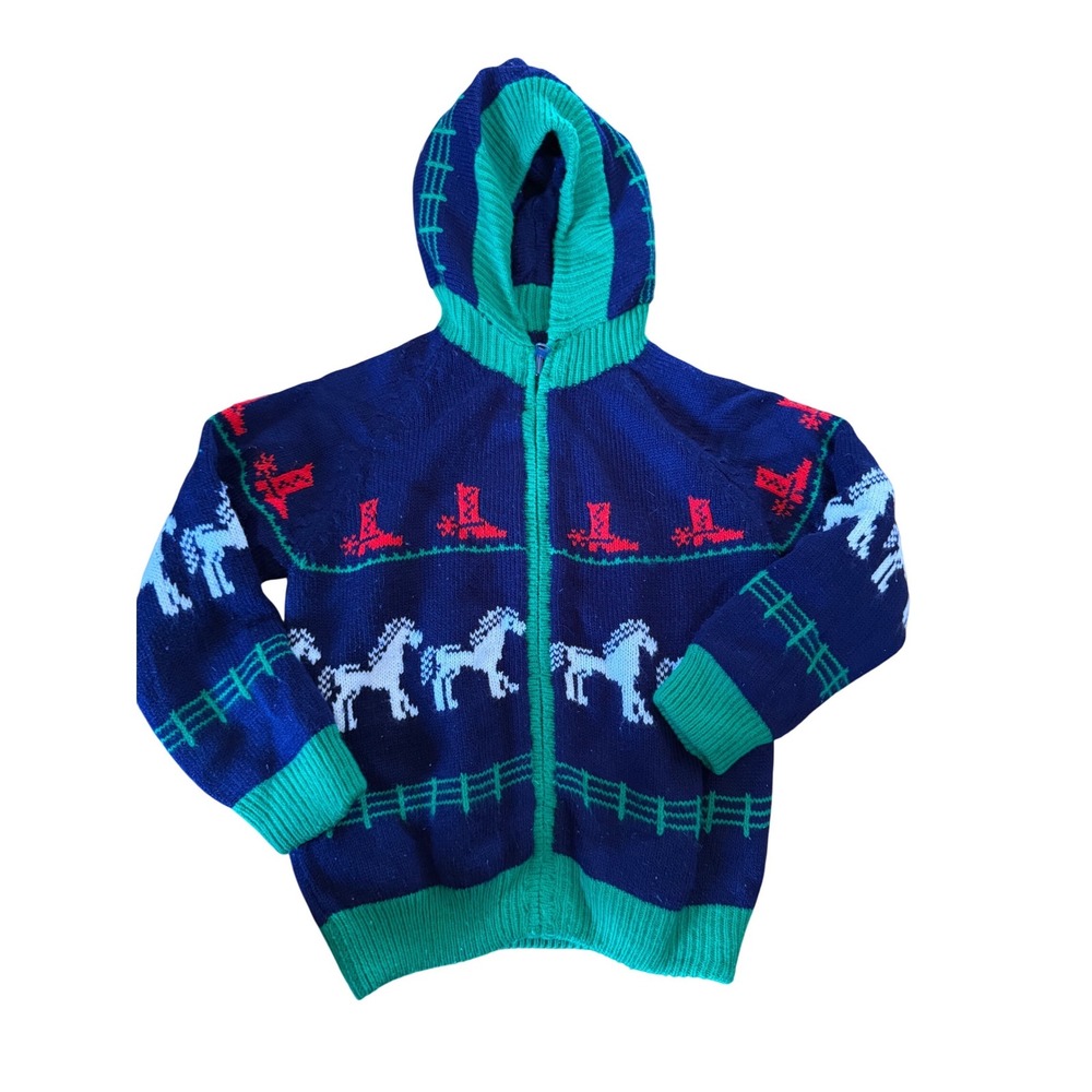 Vintage knit full zip‎ cowboy horse boot print sweater youth
